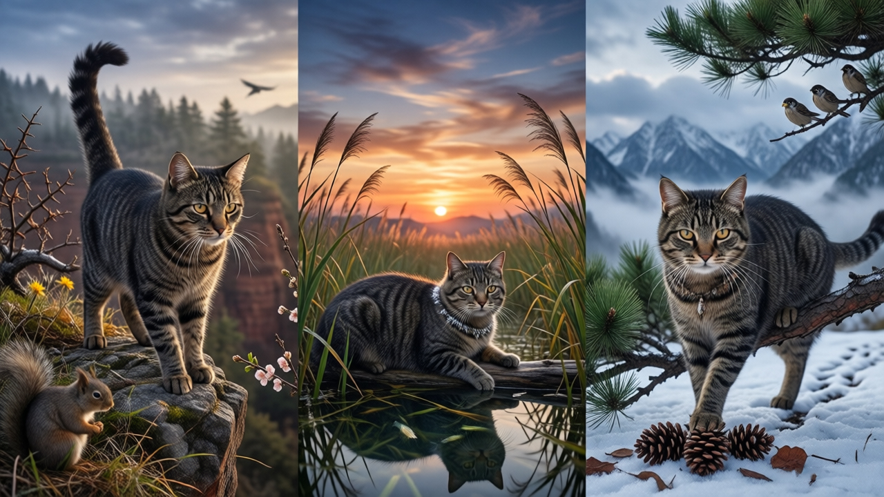 三只狸花猫在不同自然景观中的拼接图